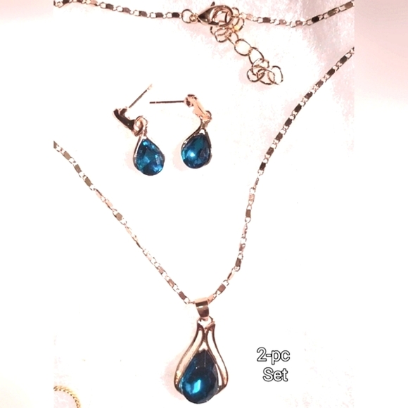 Necklace Set Cyan Blue Cubic Zirconia Rose Gold - Picture 3 of 15